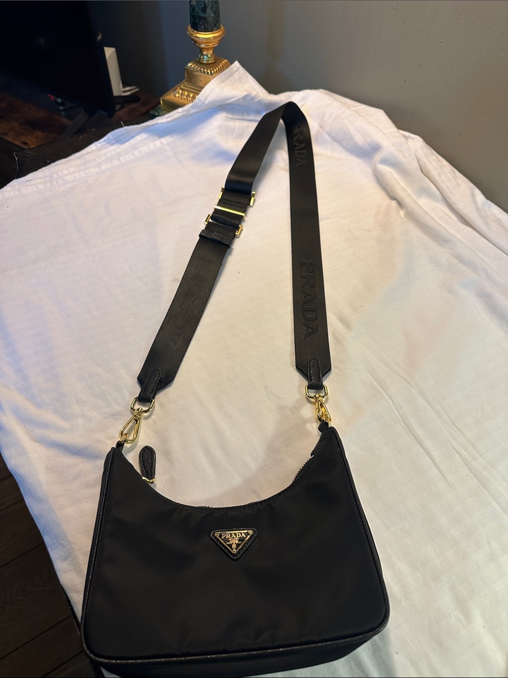 Black Nylon Shoulder Bag with Gold Hardware and Branded Strap